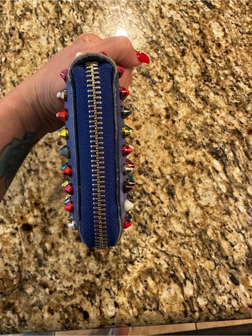 Christian Louboutin Electric Blue Studded Zip-Around Wallet - Picture 8 of 16